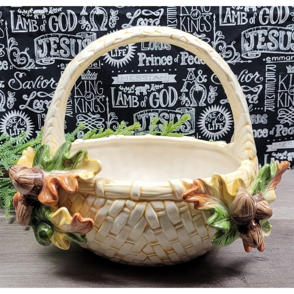 Vintage Fall Harvest Leaves Nuts Thanksgiving Ceramic Woven Basket Decor